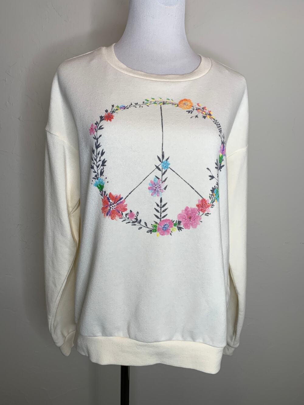 Fifth Sun Floral Peace Sign Crew Neck Sweatshirt S Medium